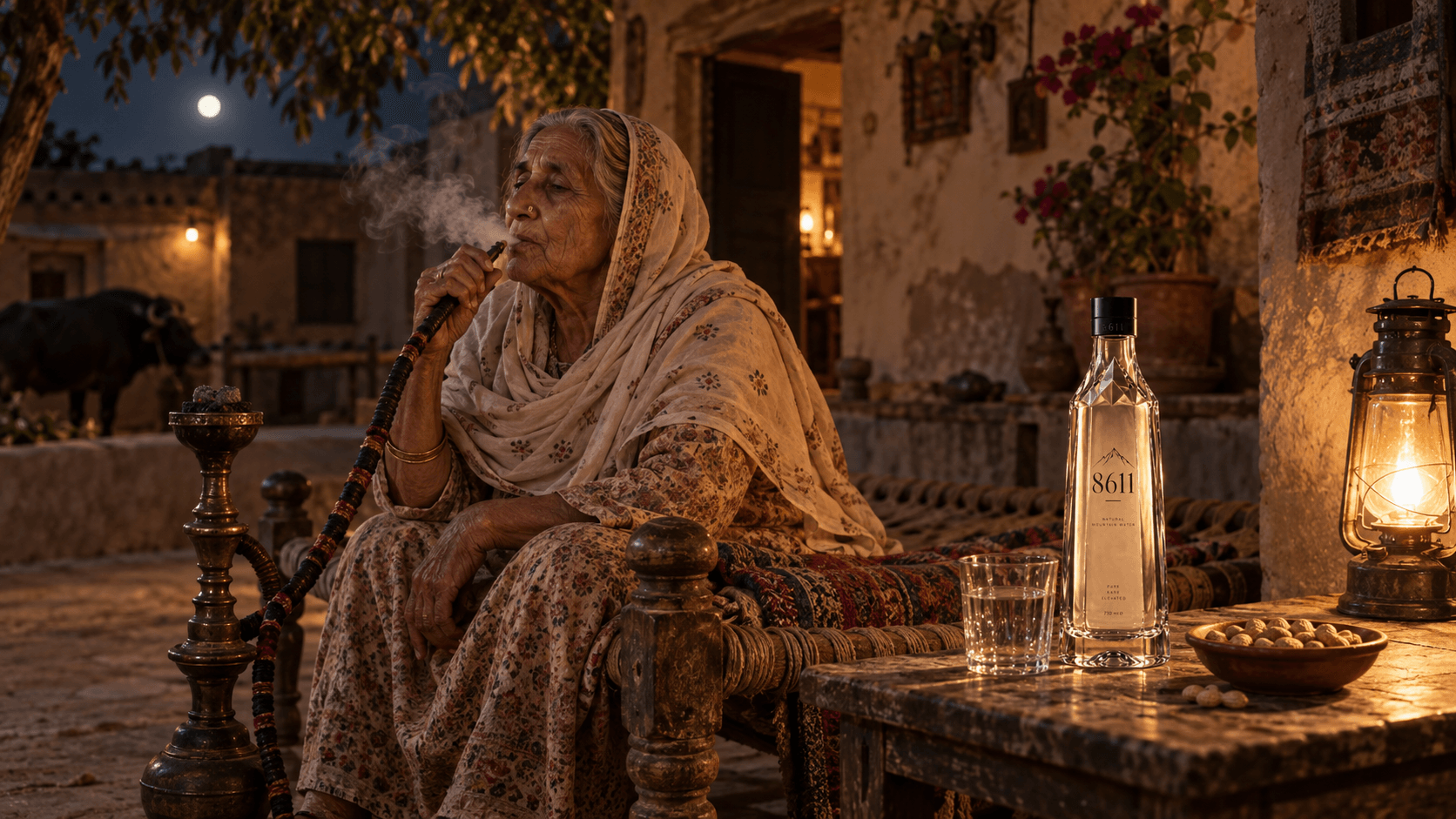 8611 bottle on a courtyard table under moonlight